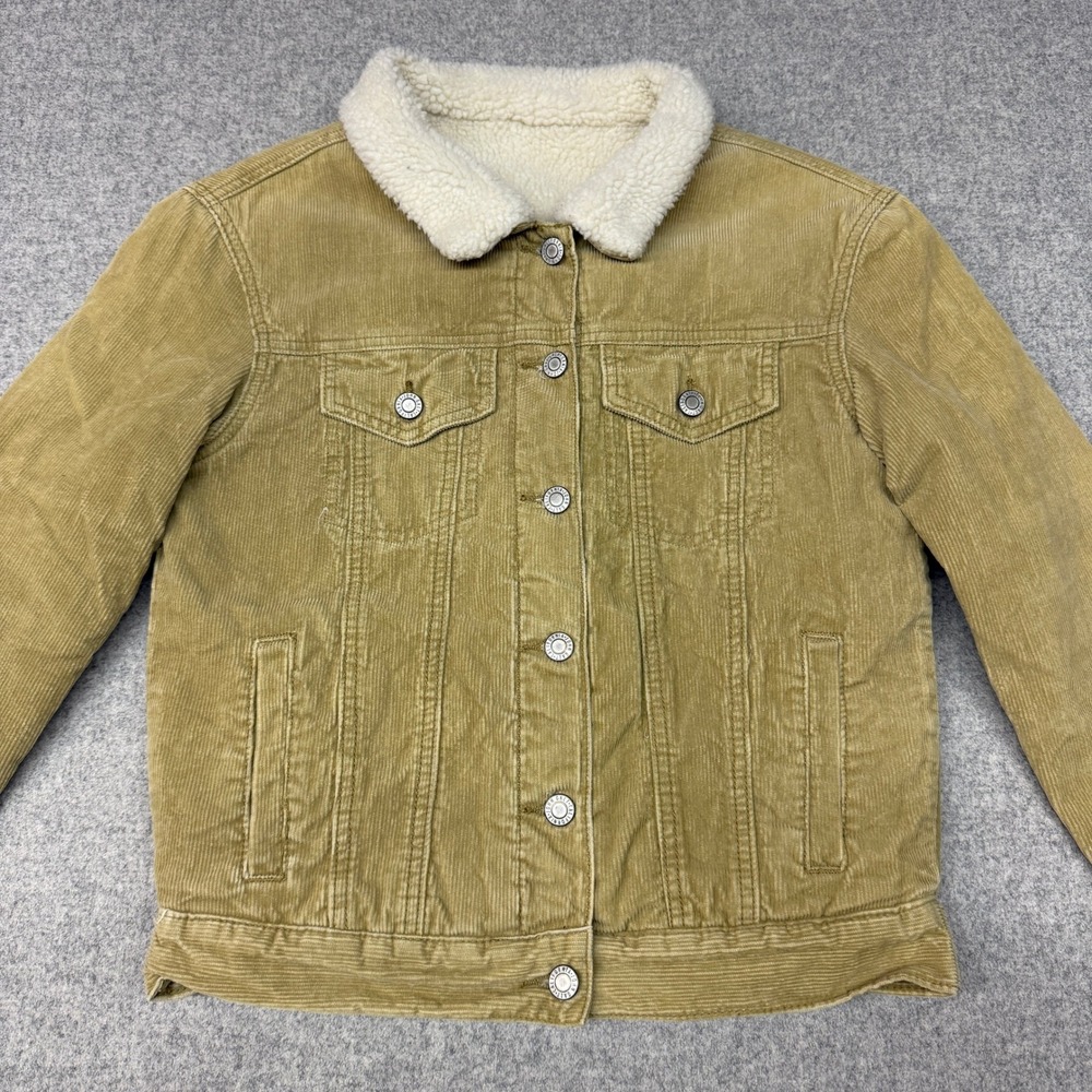 John Galt Corduroy Sherpa Lined Trucker Jacket Small Tan Khaki Faux Fur Collar